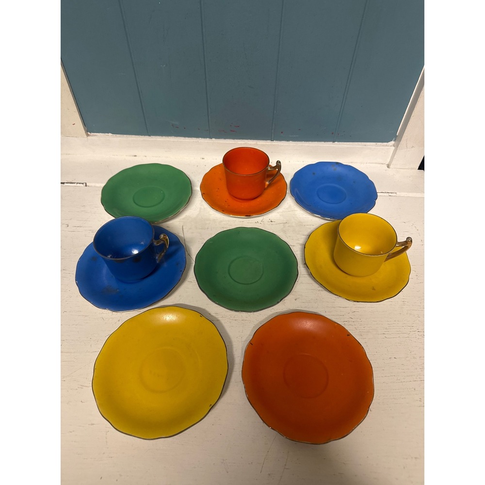 Vtg Gold‎ Castle Demi Tasse (3) Cups and (8) Saucers Set Colorful Made in Japan